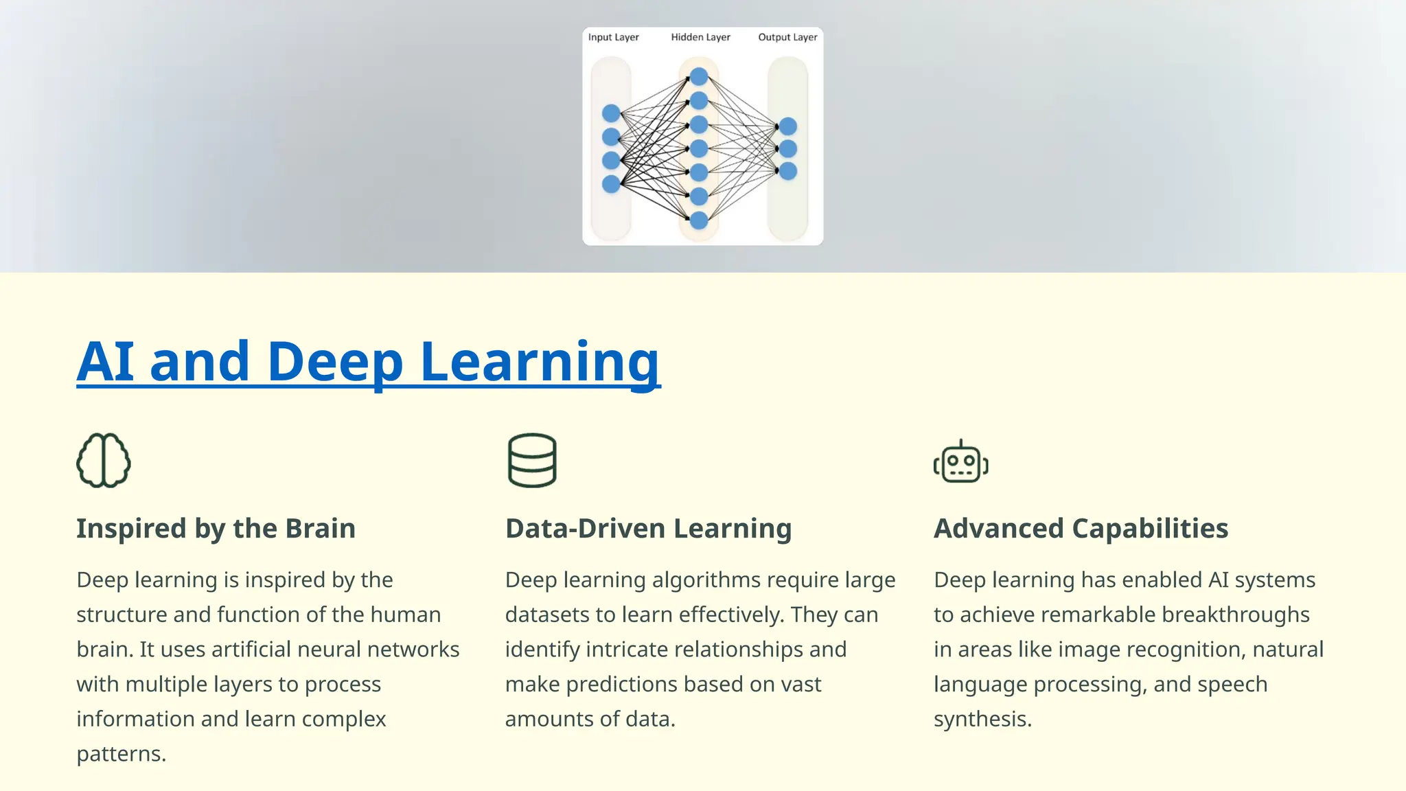 AI and Deep Learning
Inspired by the Brain
Deep learning is inspired by the
structure and function of the human
brain. It uses artificial neural networks
with multiple layers to process
information and learn complex
patterns.
Data-Driven Learning
Deep learning algorithms require large
datasets to learn effectively. They can
identify intricate relationships and
make predictions based on vast
amounts of data.
Advanced Capabilities
Deep learning has enabled AI systems
to achieve remarkable breakthroughs
in areas like image recognition, natural
language processing, and speech
synthesis.
 