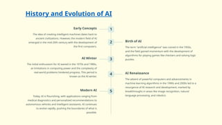 History and Evolution of AI
1
Early Concepts
The idea of creating intelligent machines dates back to
ancient civilizations. However, the modern field of AI
emerged in the mid-20th century with the development of
the first computers.
2 Birth of AI
The term "artificial intelligence" was coined in the 1950s,
and the field gained momentum with the development of
algorithms for playing games like checkers and solving logic
puzzles.
3
AI Winter
The initial enthusiasm for AI waned in the 1970s and 1980s,
as limitations in computing power and the complexity of
real-world problems hindered progress. This period is
known as the AI winter.
4 AI Renaissance
The advent of powerful computers and advancements in
machine learning algorithms in the 1990s and 2000s led to a
resurgence of AI research and development, marked by
breakthroughs in areas like image recognition, natural
language processing, and robotics.
5
Modern AI
Today, AI is flourishing, with applications ranging from
medical diagnostics and personalized recommendations to
autonomous vehicles and intelligent assistants. AI continues
to evolve rapidly, pushing the boundaries of what is
possible.
 