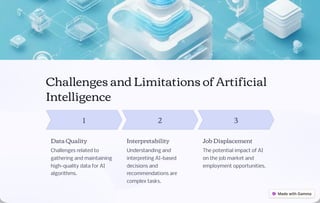 Challenges and Limitations of Artificial
Intelligence
1
Data Quality
Challenges related to
gathering and maintaining
high-quality data for AI
algorithms.
2
Interpretability
Understanding and
interpreting AI-based
decisions and
recommendations are
complex tasks.
3
Job Displacement
The potential impact of AI
on the job market and
employment opportunities.
 