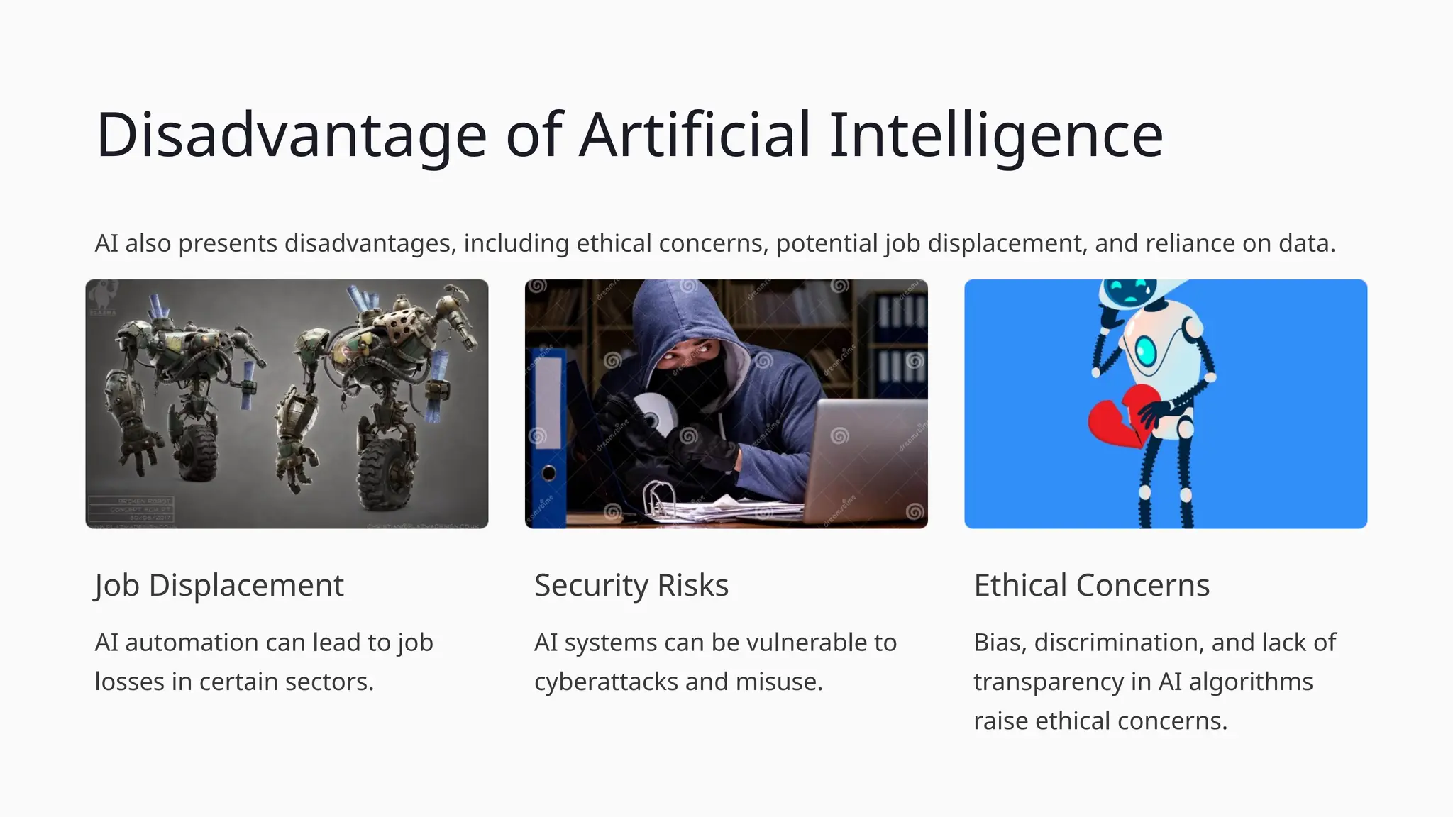 Disadvantage of Artificial Intelligence
AI also presents disadvantages, including ethical concerns, potential job displacement, and reliance on data.
Job Displacement
AI automation can lead to job
losses in certain sectors.
Security Risks
AI systems can be vulnerable to
cyberattacks and misuse.
Ethical Concerns
Bias, discrimination, and lack of
transparency in AI algorithms
raise ethical concerns.
 
