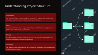 Understanding Project Structure
Controllers
The "Controllers" folder contains the logic for handling HTTP requests. Each controller is a
class that manages interactions and data flow for specific features.
Views
The "Views" folder stores Razor pages (.cshtml files) responsible for UI rendering. Views use
HTML and C# code to display dynamic content.
Models
The "Models" folder represents data structures used in the application. Models define the
properties and behavior of the data being managed.
wwwroot
The "wwwroot" folder stores static files like CSS, JavaScript, and images. These files are directly
served to the client browser.
 