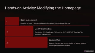 Hands-on Activity: Modifying the Homepage
1
Open Index.cshtml
Navigate to Views > Home > Index.cshtml to access the homepage view file.
2
Modify the Heading
Change the <h1> heading to "Welcome to My First ASP.NET Core App!" to
customize the page title.
3
Save and Run
Save the changes and run the project to see the updated
homepage in your web browser.
 
