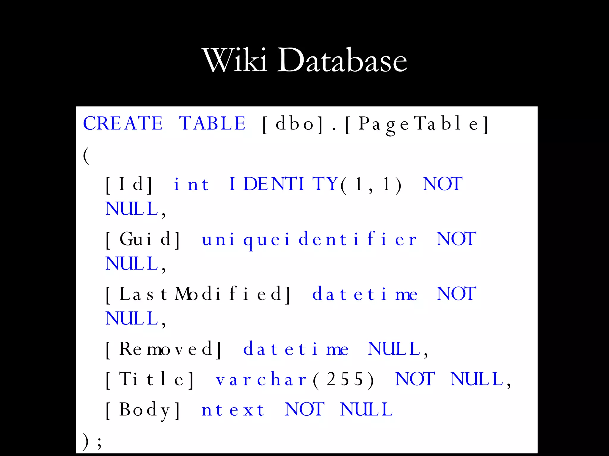 Wiki Database CREATE TABLE  [dbo].[PageTable] ( [Id]  int IDENTITY (1,1)  NOT NULL , [Guid]  uniqueidentifier NOT NULL , [LastModified]  datetime NOT NULL , [Removed]  datetime NULL , [Title]  varchar (255)  NOT NULL , [Body]  ntext NOT NULL ); 