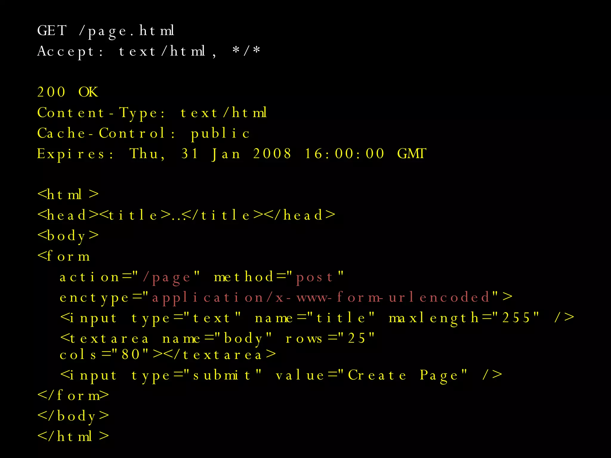 GET /page.html Accept: text/html, */* 200 OK Content-Type: text/html Cache-Control: public Expires: Thu, 31 Jan 2008 16:00:00 GMT <html> <head><title>…</title></head> <body> <form action=&quot; /page &quot; method=&quot; post &quot; enctype=&quot; application/x-www-form-urlencoded &quot;> <input type=&quot;text&quot; name=&quot;title&quot; maxlength=&quot;255&quot; /> <textarea name=&quot;body&quot; rows=&quot;25&quot; cols=&quot;80&quot;></textarea> <input type=&quot;submit&quot; value=&quot;Create Page&quot; /> </form> </body> </html> 