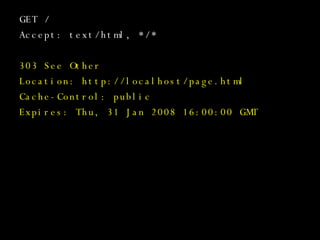 GET / Accept: text/html, */* 303 See Other Location: http://localhost/page.html Cache-Control: public Expires: Thu, 31 Jan 2008 16:00:00 GMT 