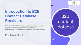 Introduction to B2B
Contact Database
Providers
Introduction to three leading Top Three B2B contact database providers
granting access to high-quality leads. Dive in to discover
MarketingCloudFX, LinkedIn Sales Navigator, and Data.com (Salesforce).
by SalesMark Global
 