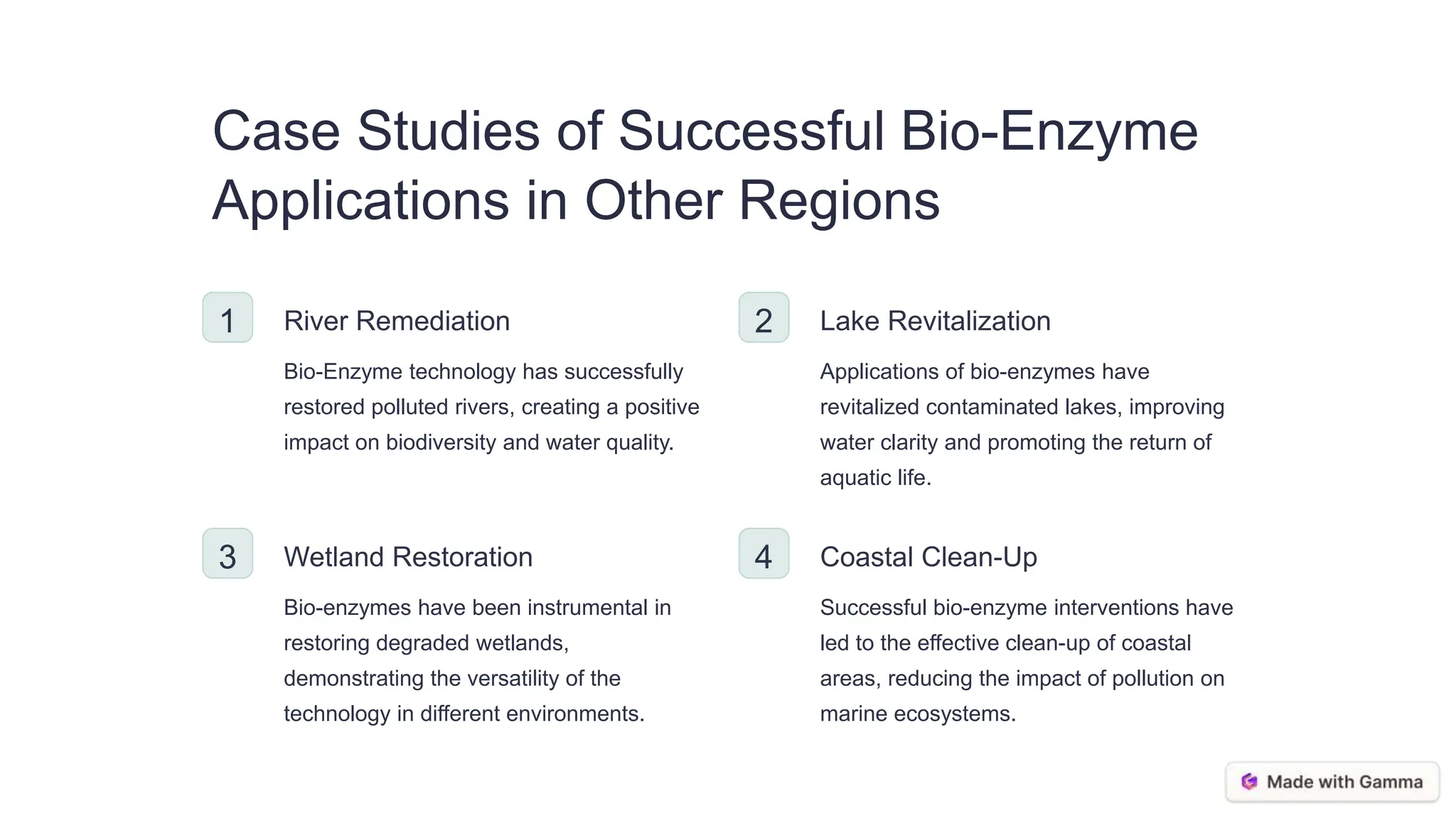 Case Studies of Successful Bio-Enzyme
Applications in Other Regions
1 River Remediation
Bio-Enzyme technology has successfully
restored polluted rivers, creating a positive
impact on biodiversity and water quality.
2 Lake Revitalization
Applications of bio-enzymes have
revitalized contaminated lakes, improving
water clarity and promoting the return of
aquatic life.
3 Wetland Restoration
Bio-enzymes have been instrumental in
restoring degraded wetlands,
demonstrating the versatility of the
technology in different environments.
4 Coastal Clean-Up
Successful bio-enzyme interventions have
led to the effective clean-up of coastal
areas, reducing the impact of pollution on
marine ecosystems.
 