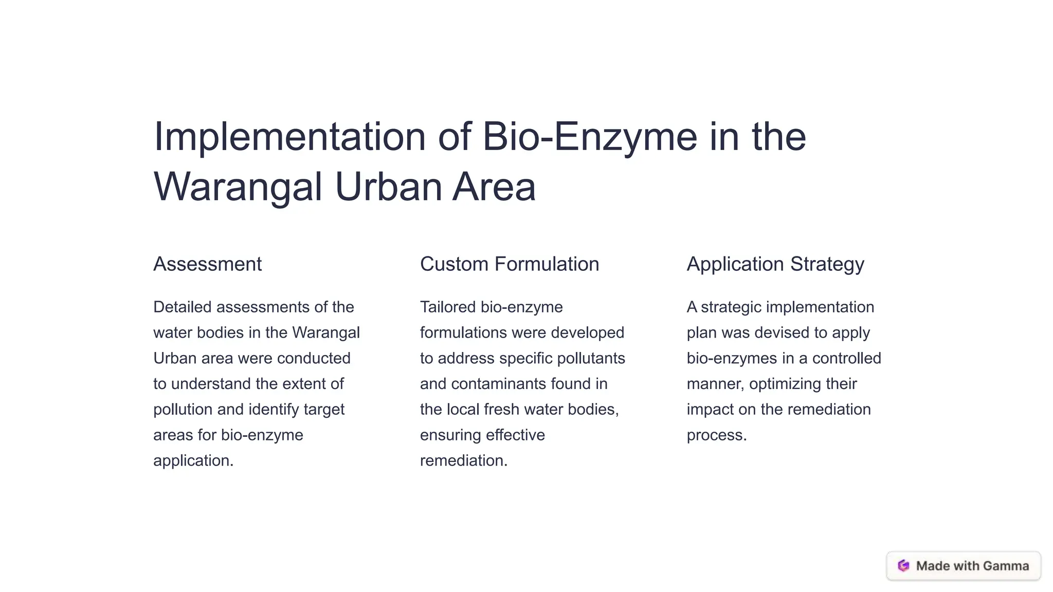 Implementation of Bio-Enzyme in the
Warangal Urban Area
Assessment
Detailed assessments of the
water bodies in the Warangal
Urban area were conducted
to understand the extent of
pollution and identify target
areas for bio-enzyme
application.
Custom Formulation
Tailored bio-enzyme
formulations were developed
to address specific pollutants
and contaminants found in
the local fresh water bodies,
ensuring effective
remediation.
Application Strategy
A strategic implementation
plan was devised to apply
bio-enzymes in a controlled
manner, optimizing their
impact on the remediation
process.
 