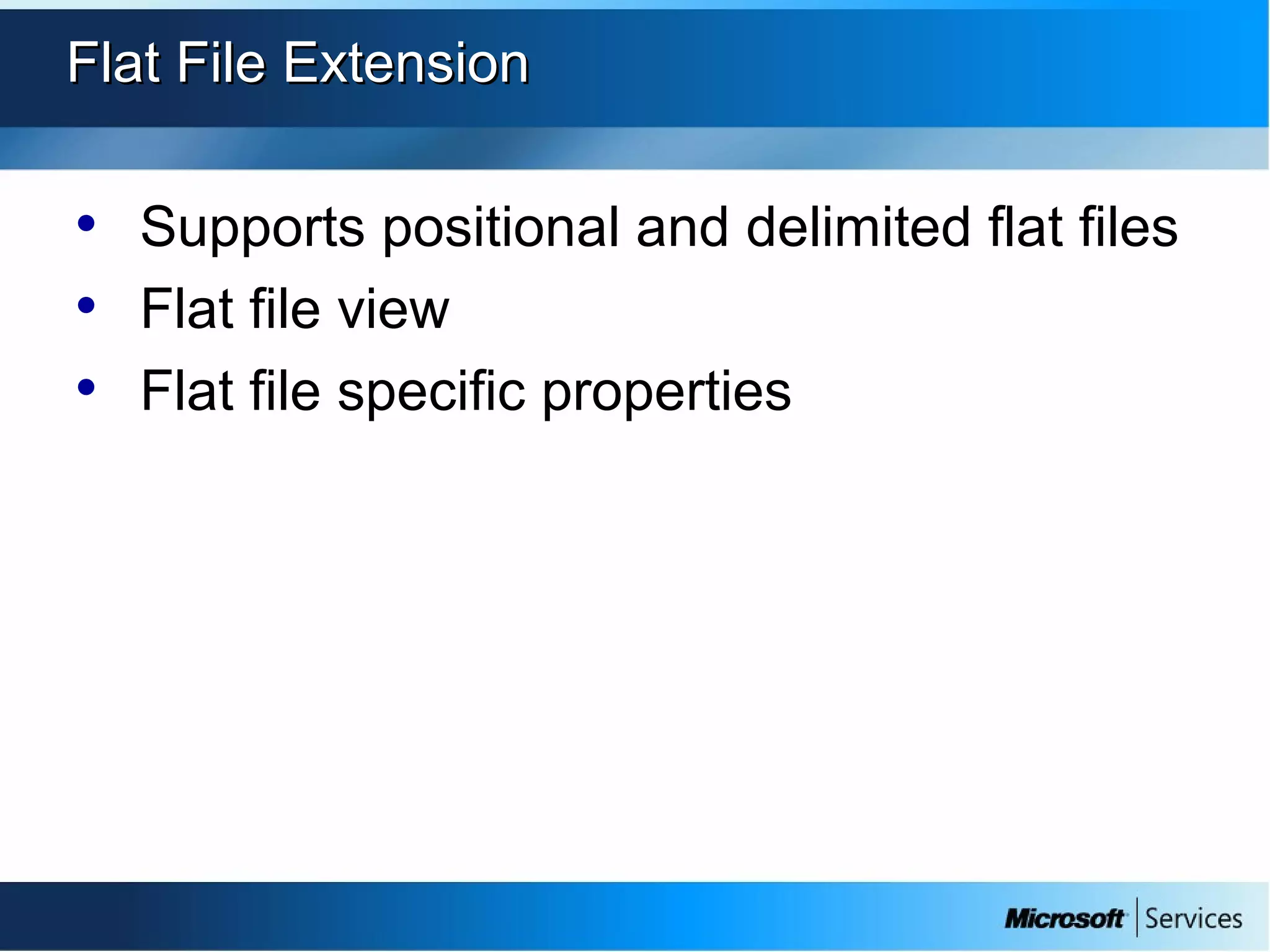 Flat File ExtensionFlat File Extension
• Supports positional and delimited flat files
• Flat file view
• Flat file specific properties
 