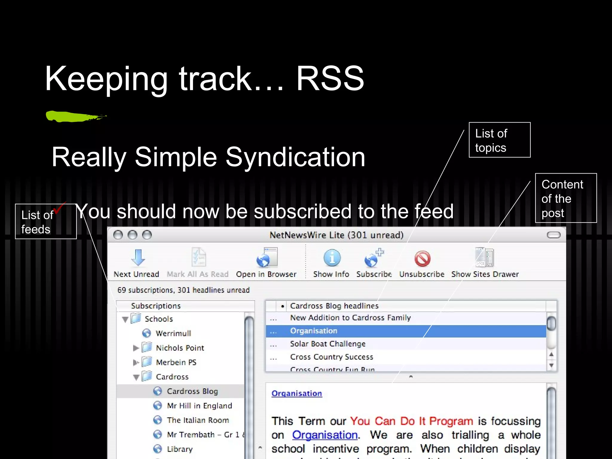 Keeping track… RSS Really Simple Syndication You should now be subscribed to the feed List of feeds List of topics Content of the post 