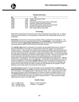 Parr Instrument Company




                                       Related Instructions
No.                                      For
205M                    1108     Oxygen Combustion Bomb
534M                    6400     Calorimeter
435M                    6300     Automatic Isoperibol Oxygen Bomb Calorimeter
442M                    6200     Isoperibol Oxygen Bomb Calorimeter
455M                    6100     Compensated Jacket Oxygen Bomb Calorimeter
457M                    6725     Semimicro Oxygen Bomb Calorimeter
204M                    1341     Plain Oxygen Bomb Calorimeter

                                           Terminology
Calorimetric measurements involve the use of various temperature and energy units. In order to
avoid errors and confusion in the interpretation of these data, their relationships should be well
understood.

Calorimetry is the science of measuring quantities of heat, as distinct from “temperature”. The
instruments used for such measurements are known as calorimeters. In this publication we are
concerned only with oxygen bomb calorimeters, which are the standard instruments for
measuring calorific values of solid and liquid combustible samples.

The calorific value (heat of combustion) of a sample may be broadly defined as the number of
heat units liberated by a unit mass of a sample when burned with oxygen in an enclosure of
constant volume. In this reaction the sample and the oxygen are initially at the same temperature
and the products of combustion are cooled to within a few degrees of the initial temperature; also
the water vapor formed by the combustion is condensed to the liquid state. A more exact definition
would specify the temperature at which the reaction begins and ends. However, the change in the
heat of combustion with possible variations in the initial temperature is so small that this
specification is not necessary. Also, the initial and final temperatures are not the same – differing
by the amount of temperature rise in the calorimeter – but the effect of this difference is small and
usually it is neglected. Thus the term calorific value (or heat of combustion) as measured in a
bomb calorimeter denotes the heat liberated by the combustion of all carbon and hydrogen with
oxygen to form carbon dioxide and water, including the heat liberated by the oxidation of other
elements such as sulfur which may be present in the sample.

The heat energy measured in a bomb calorimeter may be expressed either as calories (cal),
British thermal units (Btu) or Joules (J), with the International Steam Table calorie as the basic
unit in this system. One calorie equals 4.1868 absolute Joules, and is roughly equivalent to the
heat energy required to raise the temperature of one gram of water one degree Celsius at 15°C.
The British thermal unit equals 251.996 calories and is roughly equivalent to the heat energy
required to raise one pound of water one degree Fahrenheit at 60°F. These and other energy
relationships are shown in the table below.

                                          Calorific Values

1 cal = 4.1868 Joules            1 Btu/lb = 2.326 Joules/gram
1 Btu = 1055.06 Joules           1.8 Btu/lb = 1.0 cal/gram
1 Btu = 251.996 calories




                                                -2-
 