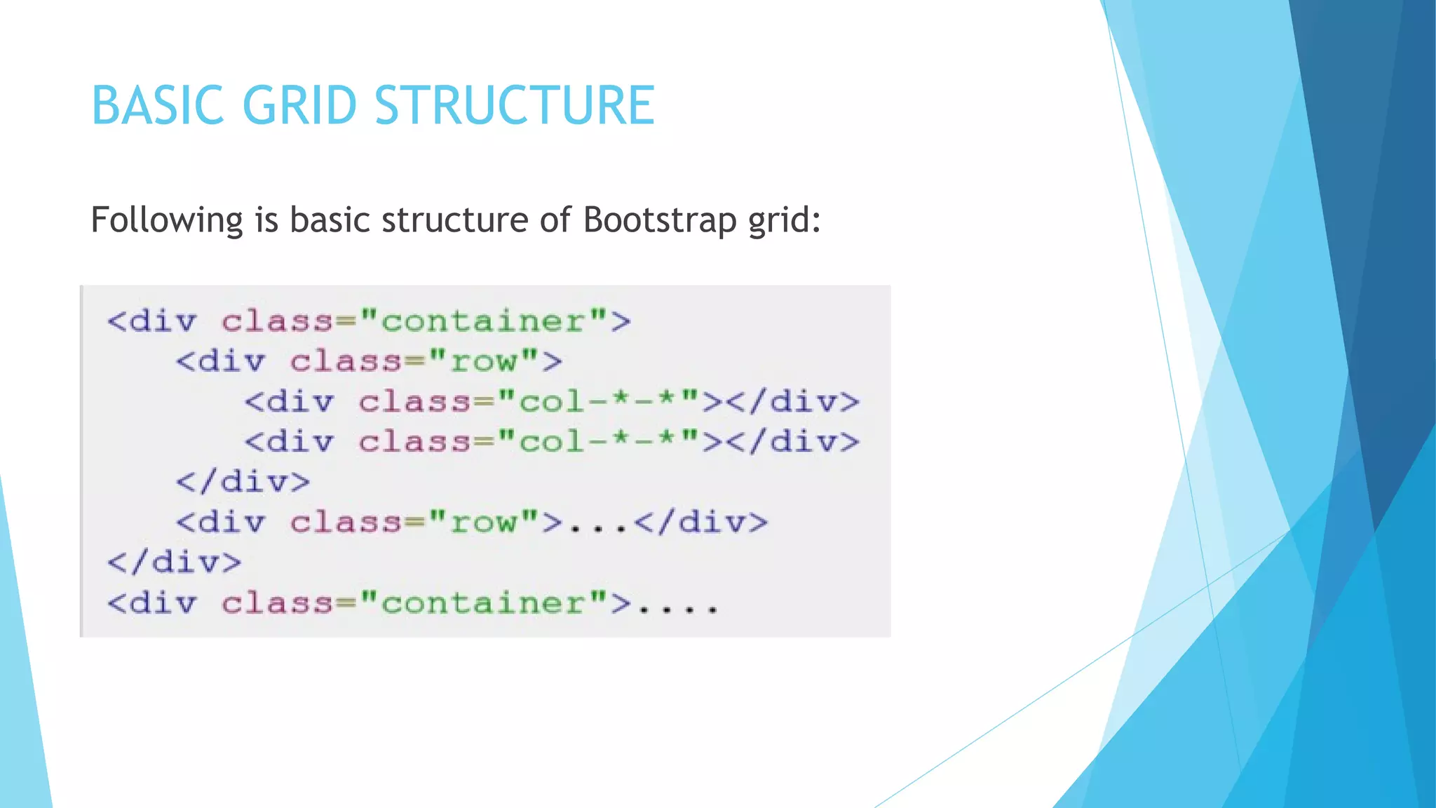 BASIC GRID STRUCTURE
Following is basic structure of Bootstrap grid:
 