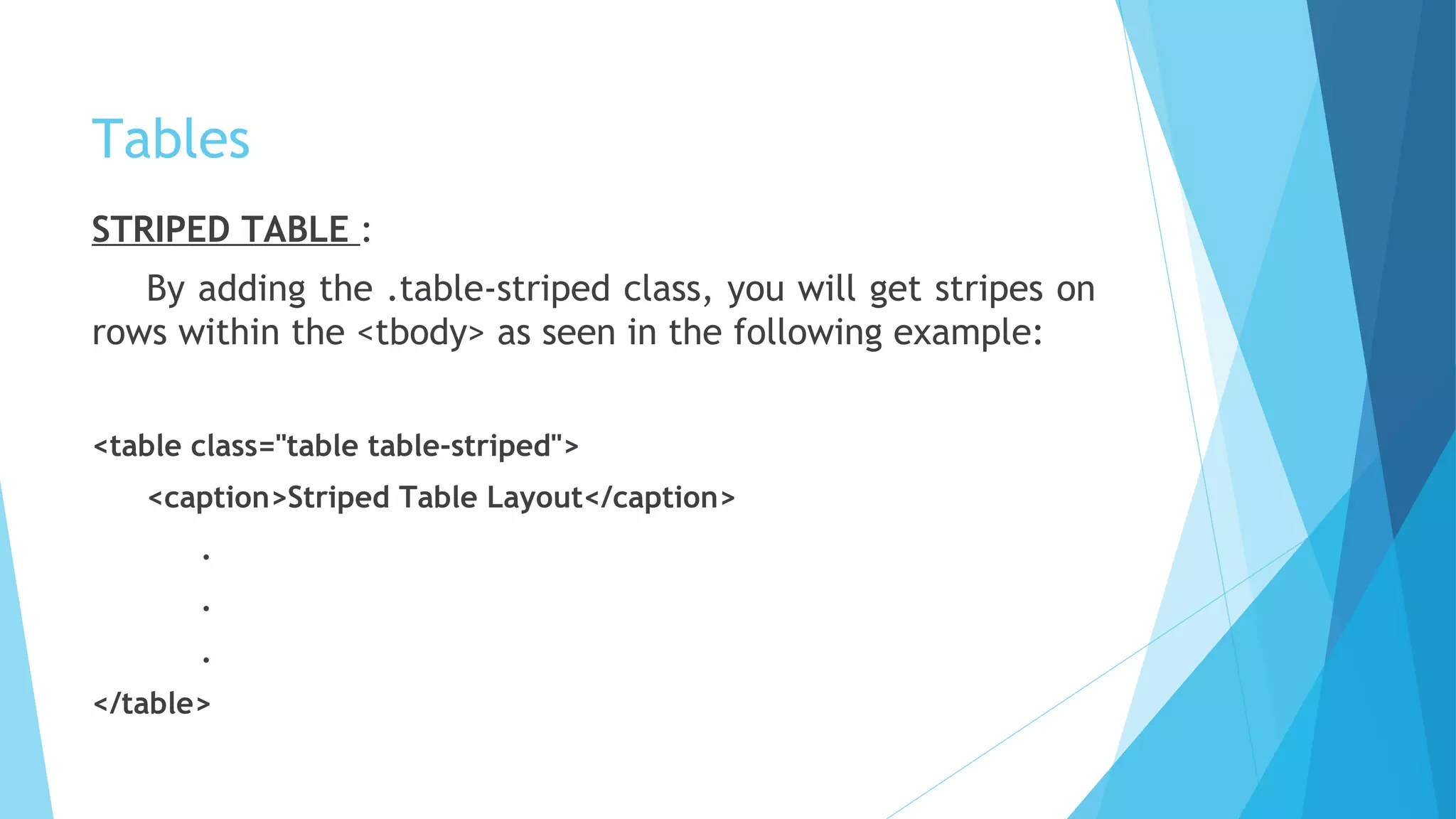 Tables
STRIPED TABLE :
By adding the .table-striped class, you will get stripes on
rows within the <tbody> as seen in the following example:
<table class="table table-striped">
<caption>Striped Table Layout</caption>
.
.
.
</table>
 