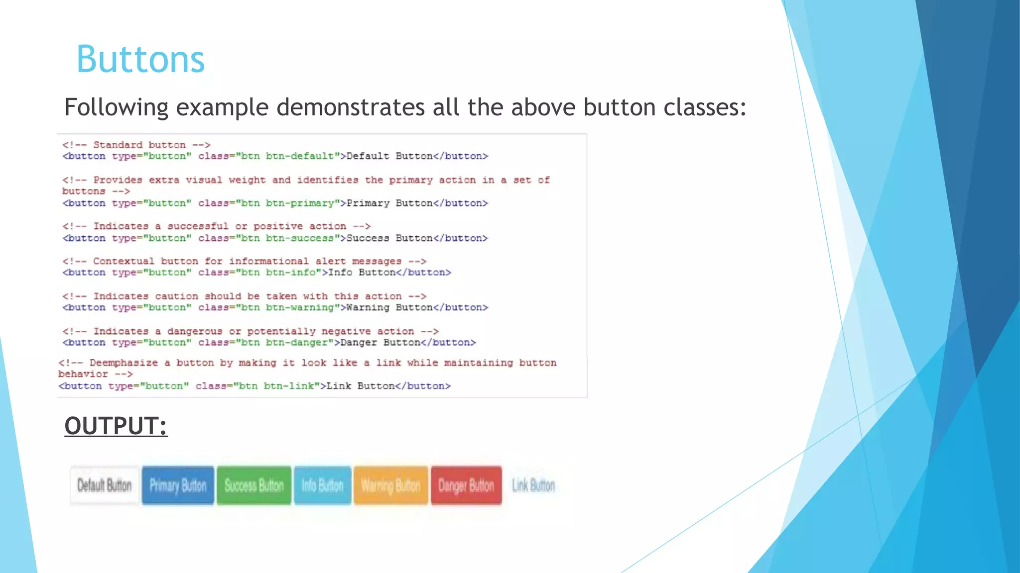 Buttons
Following example demonstrates all the above button classes:
OUTPUT:
 
