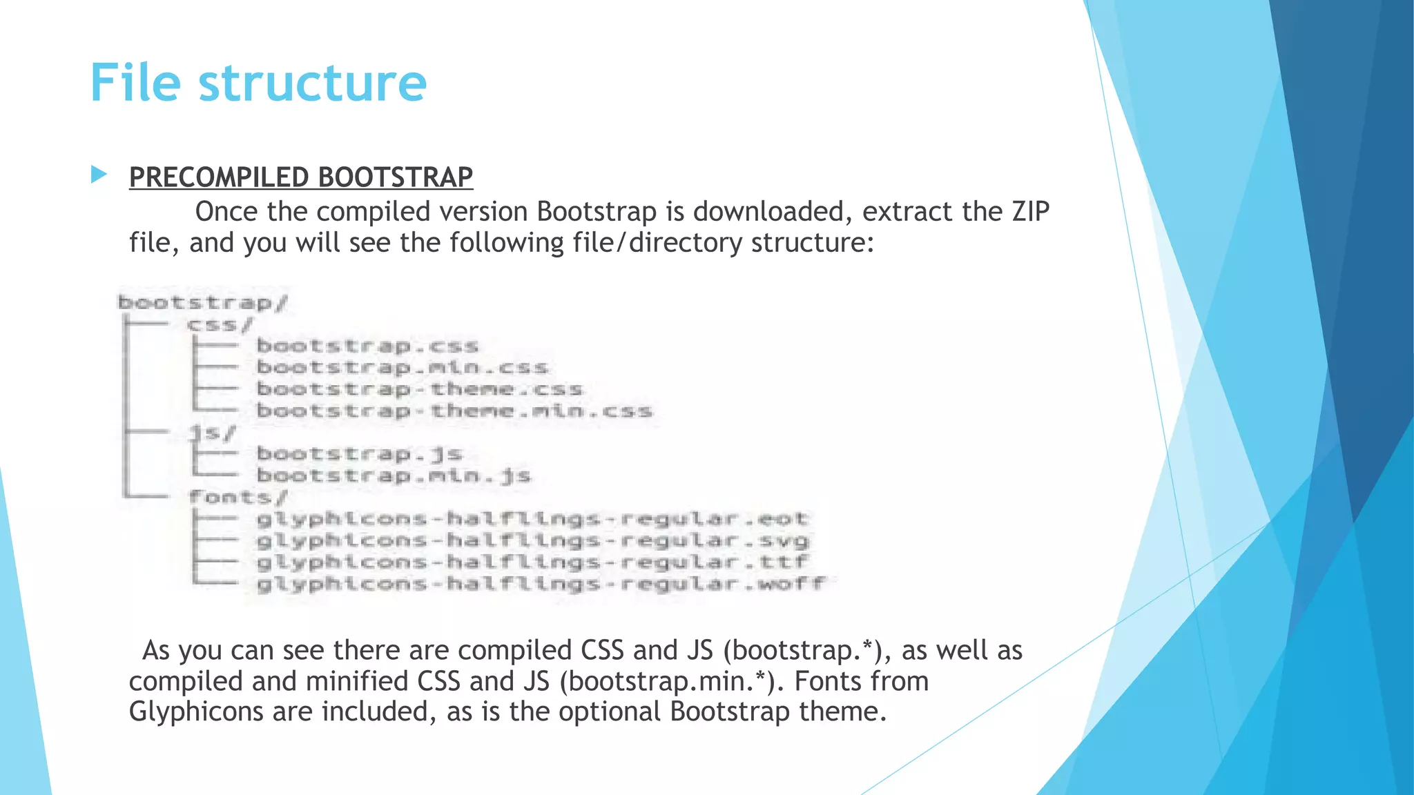 File structure
 PRECOMPILED BOOTSTRAP
Once the compiled version Bootstrap is downloaded, extract the ZIP
file, and you will see the following file/directory structure:
As you can see there are compiled CSS and JS (bootstrap.*), as well as
compiled and minified CSS and JS (bootstrap.min.*). Fonts from
Glyphicons are included, as is the optional Bootstrap theme.
 