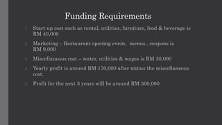 Funding Requirements
1. Start up cost such as rental, utilities, furniture, food & beverage is
RM 40,000
2. Marketing – Restaurant opening event, menus , coupons is
RM 9,000
3. Miscellaneous cost – water, utilities & wages is RM 30,000
4. Yearly profit is around RM 170,000 after minus the miscellaneous
cost.
5. Profit for the next 3 years will be around RM 300,000
 