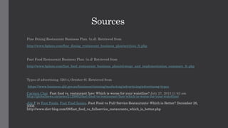 Sources
Fine Dining Restaurant Business Plan. (n.d). Retrieved from
http://www.bplans.com/fine_dining_restaurant_business_plan/services_fc.php
Fast Food Restaurant Business Plan. (n.d) Retrieved from
http://www.bplans.com/fast_food_restaurant_business_plan/strategy_and_implementation_summary_fc.php
Types of advertising. (2014, October 8). Retrieved from
https://www.business.qld.gov.au/business/running/marketing/advertising/advertising-types
Carmen Chai Fast food vs. restaurant fare: Which is worse for your waistline? July 27, 2015 11:43 am
http://globalnews.ca/news/2129802/fast-food-vs-restaurant-fare-which-is-worse-for-your-waistline/
Jim F in Fast Foods, Fast Food Issues, Fast Food vs Full-Service Restaurants: Which is Better? December 26,
2006
http://www.diet-blog.com/08/fast_food_vs_fullservice_restaurants_which_is_better.php
 