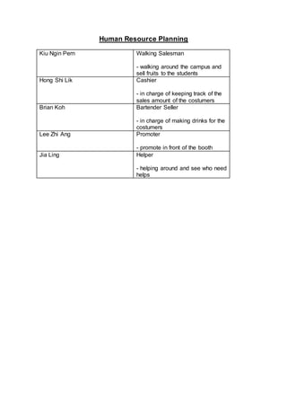 Human Resource Planning
Kiu Ngin Pern Walking Salesman
- walking around the campus and
sell fruits to the students
Hong Shi Lik Cashier
- in charge of keeping track of the
sales amount of the costumers
Brian Koh Bartender Seller
- in charge of making drinks for the
costumers
Lee Zhi Ang Promoter
- promote in front of the booth
Jia Ling Helper
- helping around and see who need
helps
 