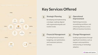 Key Services Offered
1 Strategic Planning
Developing and implementing
a strategic roadmap aligned
with organizational goals and
market trends.
2 Operational
Improvement
Optimizing processes,
streamlining workflows, and
enhancing efficiency across
different business functions.
3 Financial Management
Providing financial analysis,
budgeting, cost optimization,
and investment advisory
services.
4 Change Management
Guiding organizations through
significant transitions, such as
mergers and acquisitions,
restructuring, or technology
adoption.
 