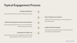 Typical Engagement Process
1
Problem Definition
Understanding the client's specific challenges and goals.
2 Data Collection & Analysis
Gathering relevant information, conducting research,
and analyzing data.
3
Solution Development & Recommendation
Formulating actionable solutions and recommendations
tailored to the client's needs.
4 Implementation Support
Assisting with the implementation of recommendations
and providing ongoing guidance.
5
Evaluation & Follow-up
Measuring the impact of the engagement and providing
ongoing support to ensure long-term success.
 