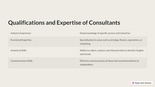 Qualifications and Expertise of Consultants
Industry Experience Deep knowledge of specific sectors and industries.
Functional Expertise Specialization in areas such as strategy, finance, operations, or
marketing.
Analytical Skills Ability to collect, analyze, and interpret data to identify insights
and trends.
Communication Skills Effective communication of ideas and recommendations to
stakeholders.
 