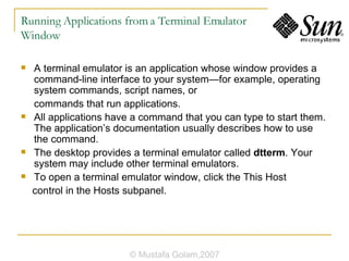 Running Applications from a Terminal Emulator Window A terminal emulator is an application whose window provides a command-line interface to your system—for example, operating system commands, script names, or commands that run applications. All applications have a command that you can type to start them. The application’s documentation usually describes how to use the command. The desktop provides a terminal emulator called  dtterm . Your system may include other terminal emulators.  To open a terminal emulator window, click the This Host control in the Hosts subpanel. © Mustafa Golam,2007 