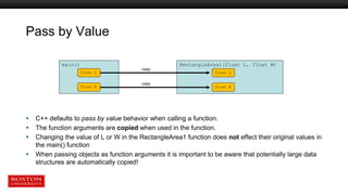 Pass by Value
 C++ defaults to pass by value behavior when calling a function.
 The function arguments are copied when used in the function.
 Changing the value of L or W in the RectangleArea1 function does not effect their original values in
the main() function
 When passing objects as function arguments it is important to be aware that potentially large data
structures are automatically copied!
main()
float L
float W
RectangleArea1(float L, float W)
float L
float W
copy
copy
 