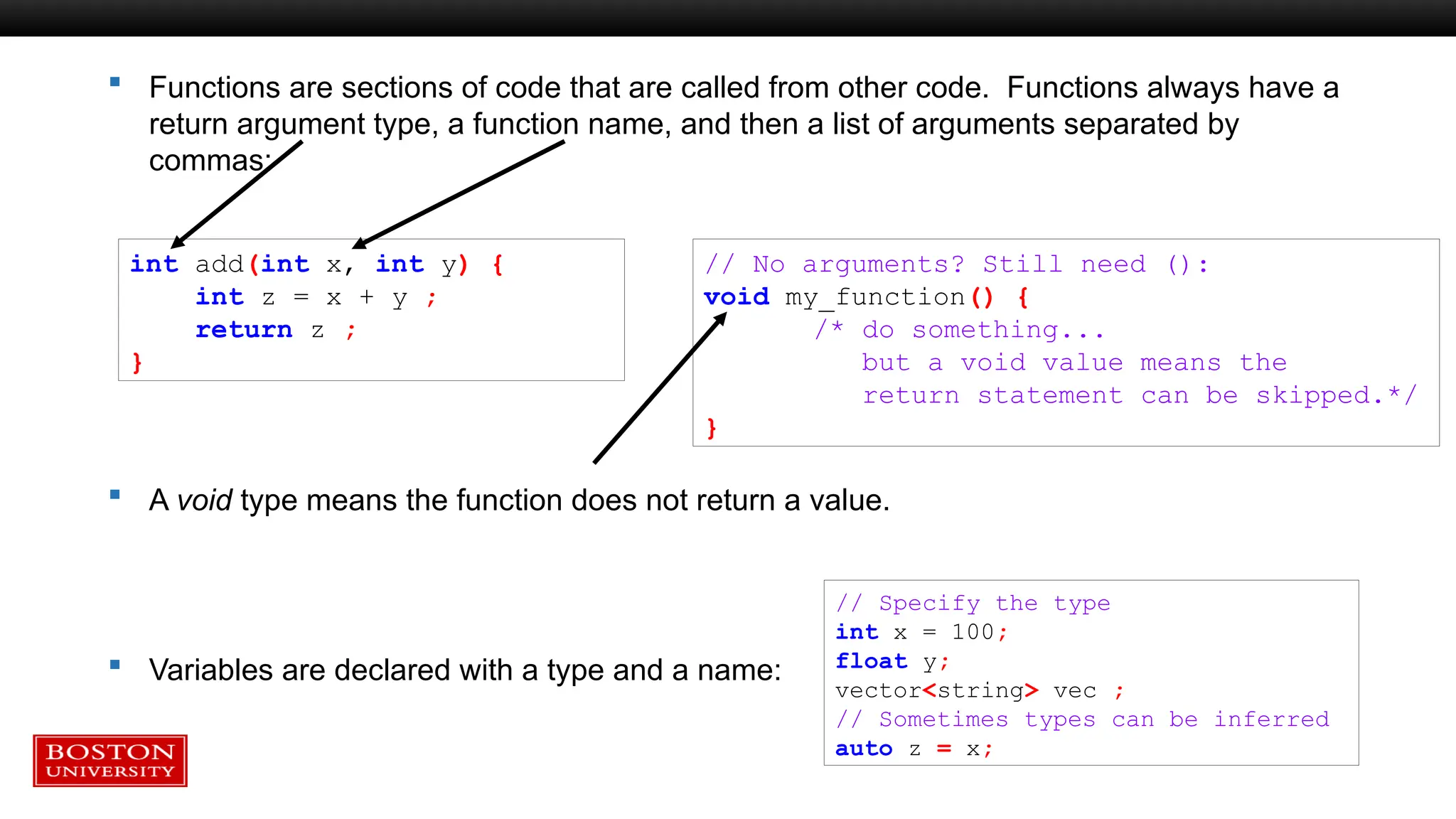 Functions are sections of code that are called from other code. Functions always have a
return argument type, a function name, and then a list of arguments separated by
commas:
 A void type means the function does not return a value.
 Variables are declared with a type and a name:
int add(int x, int y) {
int z = x + y ;
return z ;
}
// No arguments? Still need ():
void my_function() {
/* do something...
but a void value means the
return statement can be skipped.*/
}
// Specify the type
int x = 100;
float y;
vector<string> vec ;
// Sometimes types can be inferred
auto z = x;
 