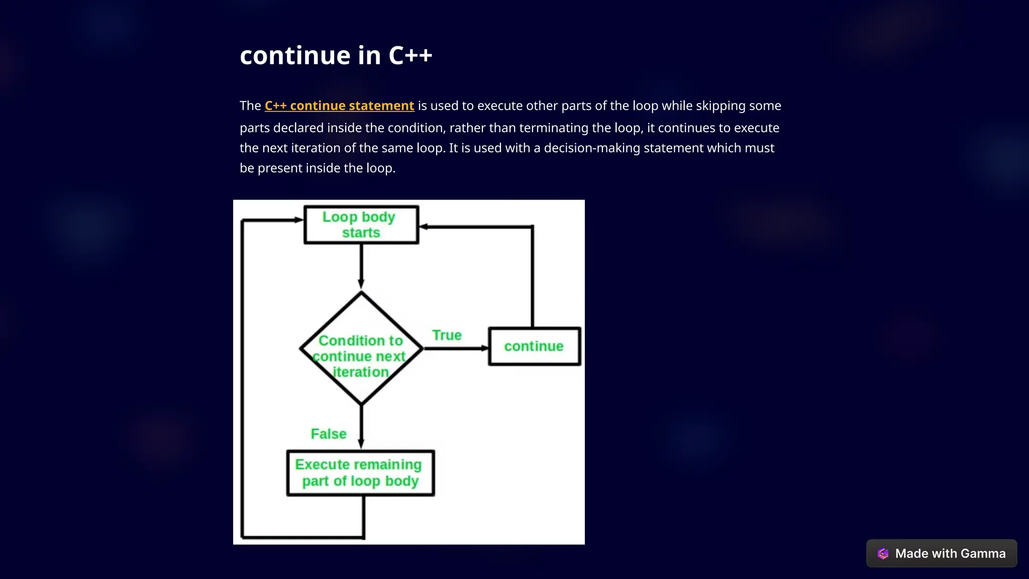 continue in C++
The C++ continue statement is used to execute other parts of the loop while skipping some
parts declared inside the condition, rather than terminating the loop, it continues to execute
the next iteration of the same loop. It is used with a decision-making statement which must
be present inside the loop.
 