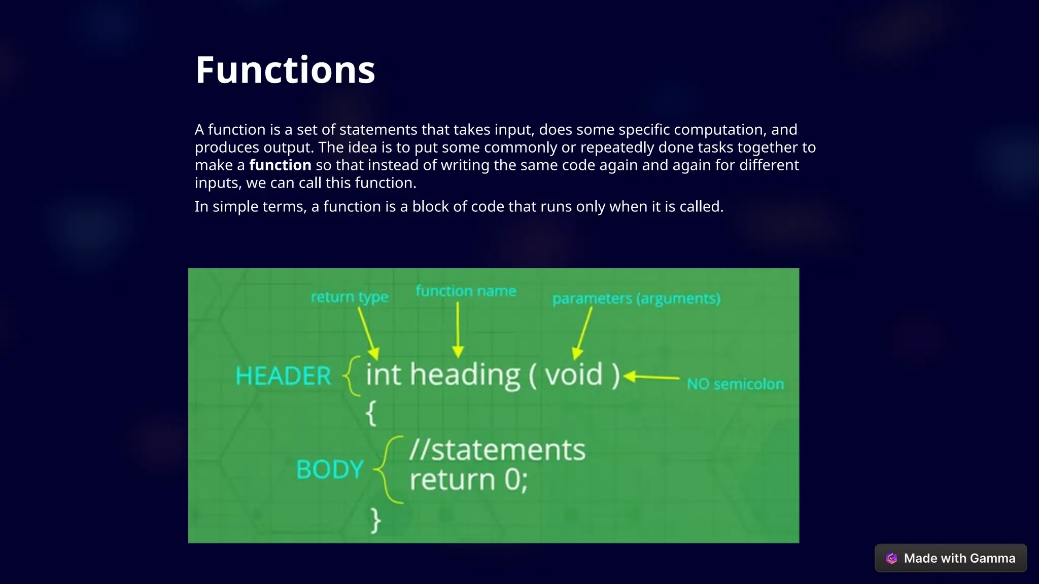 Functions
A function is a set of statements that takes input, does some specific computation, and
produces output. The idea is to put some commonly or repeatedly done tasks together to
make a function so that instead of writing the same code again and again for different
inputs, we can call this function.
In simple terms, a function is a block of code that runs only when it is called.
 