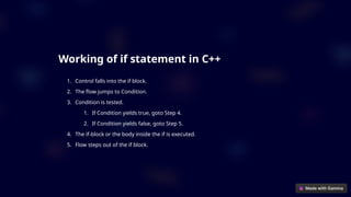Working of if statement in C++
1. Control falls into the if block.
2. The flow jumps to Condition.
3. Condition is tested.
1. If Condition yields true, goto Step 4.
2. If Condition yields false, goto Step 5.
4. The if-block or the body inside the if is executed.
5. Flow steps out of the if block.
 