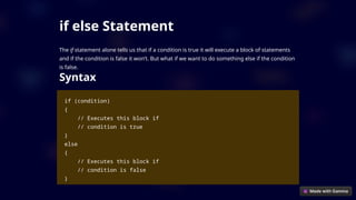 if else Statement
The if statement alone tells us that if a condition is true it will execute a block of statements
and if the condition is false it won’t. But what if we want to do something else if the condition
is false.
Syntax
if (condition)
{
// Executes this block if
// condition is true
}
else
{
// Executes this block if
// condition is false
}
 