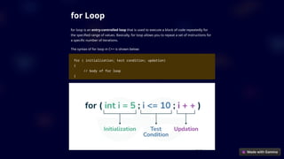 for Loop
for loop is an entry-controlled loop that is used to execute a block of code repeatedly for
the specified range of values. Basically, for loop allows you to repeat a set of instructions for
a specific number of iterations.
The syntax of for loop in C++ is shown below:
for ( initialization; test condition; updation)
{
// body of for loop
}
 