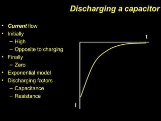 Discharging a capacitor Current  flow Initially  High Opposite to charging Finally Zero Exponential model Discharging factors Capacitance Resistance I t 