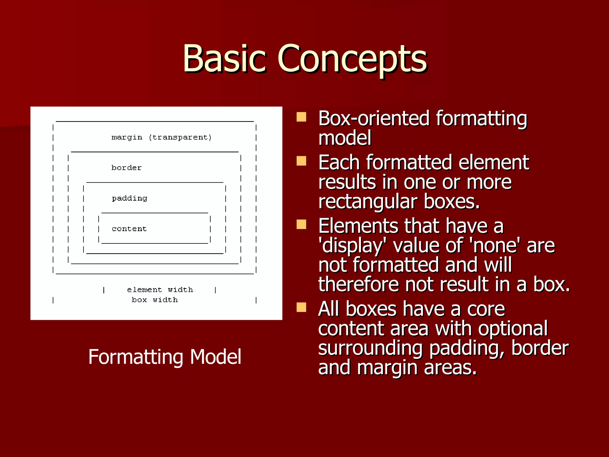 Basic Concepts Box-oriented formatting model  Each formatted element results in one or more rectangular boxes.  Elements that have a 'display' value of 'none' are not formatted and will therefore not result in a box. All boxes have a core content area with optional surrounding padding, border and margin areas. Formatting Model 