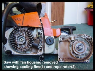 Saw with fan housing removed  showing cooling fins(1) and rope rotor(2) 1 2 
