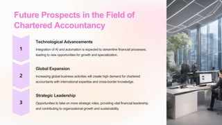 Future Prospects in the Field of
Chartered Accountancy
Technological Advancements
Integration of AI and automation is expected to streamline financial processes,
leading to new opportunities for growth and specialization.
Global Expansion
Increasing global business activities will create high demand for chartered
accountants with international expertise and cross-border knowledge.
Strategic Leadership
Opportunities to take on more strategic roles, providing vital financial leadership
and contributing to organizational growth and sustainability.
 