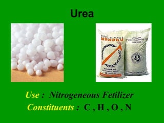Urea Use   :  Nitrogeneous Fetilizer Constituents  :  C , H , O , N 