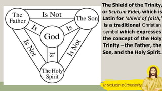 The Shield of the Trinity,
or Scutum Fidei, which is
Latin for ‘shield of faith,’
is a traditional Christian
symbol which expresses
the concept of the Holy
Trinity –the Father, the
Son, and the Holy Spirit.
IntroductiontoCttristianity
 