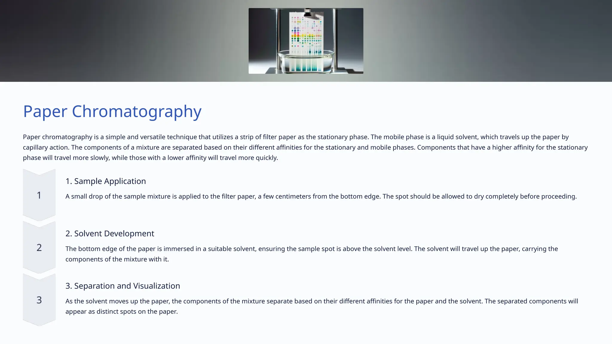 Paper Chromatography
Paper chromatography is a simple and versatile technique that utilizes a strip of filter paper as the stationary phase. The mobile phase is a liquid solvent, which travels up the paper by
capillary action. The components of a mixture are separated based on their different affinities for the stationary and mobile phases. Components that have a higher affinity for the stationary
phase will travel more slowly, while those with a lower affinity will travel more quickly.
1. Sample Application
A small drop of the sample mixture is applied to the filter paper, a few centimeters from the bottom edge. The spot should be allowed to dry completely before proceeding.
2. Solvent Development
The bottom edge of the paper is immersed in a suitable solvent, ensuring the sample spot is above the solvent level. The solvent will travel up the paper, carrying the
components of the mixture with it.
3. Separation and Visualization
As the solvent moves up the paper, the components of the mixture separate based on their different affinities for the paper and the solvent. The separated components will
appear as distinct spots on the paper.
 