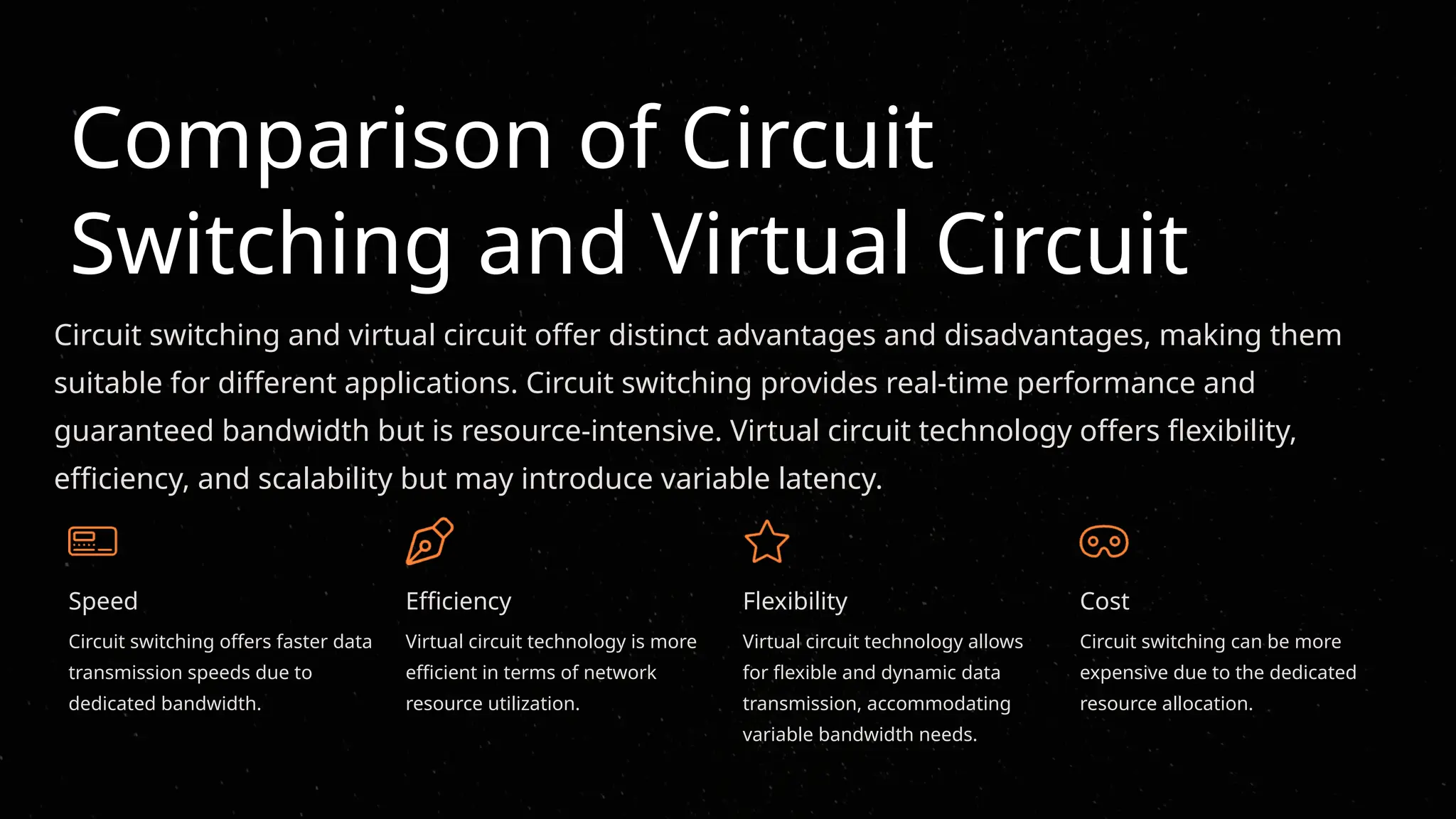 Comparison of Circuit
Switching and Virtual Circuit
Circuit switching and virtual circuit offer distinct advantages and disadvantages, making them
suitable for different applications. Circuit switching provides real-time performance and
guaranteed bandwidth but is resource-intensive. Virtual circuit technology offers flexibility,
efficiency, and scalability but may introduce variable latency.
Speed
Circuit switching offers faster data
transmission speeds due to
dedicated bandwidth.
Efficiency
Virtual circuit technology is more
efficient in terms of network
resource utilization.
Flexibility
Virtual circuit technology allows
for flexible and dynamic data
transmission, accommodating
variable bandwidth needs.
Cost
Circuit switching can be more
expensive due to the dedicated
resource allocation.
 