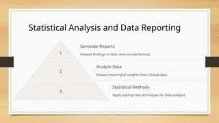Statistical Analysis and Data Reporting
1
Generate Reports
Present findings in clear and concise formats.
2
Analyze Data
Extract meaningful insights from clinical data.
3
Statistical Methods
Apply appropriate techniques for data analysis.
 