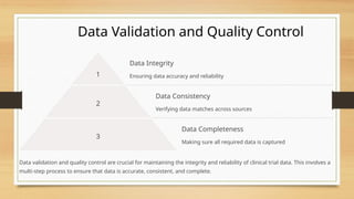Data Validation and Quality Control
1
Data Integrity
Ensuring data accuracy and reliability
2
Data Consistency
Verifying data matches across sources
3
Data Completeness
Making sure all required data is captured
Data validation and quality control are crucial for maintaining the integrity and reliability of clinical trial data. This involves a
multi-step process to ensure that data is accurate, consistent, and complete.
 