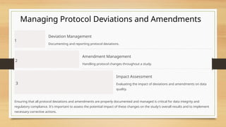 Managing Protocol Deviations and Amendments
1
Deviation Management
Documenting and reporting protocol deviations.
2
Amendment Management
Handling protocol changes throughout a study.
3
Impact Assessment
Evaluating the impact of deviations and amendments on data
quality.
Ensuring that all protocol deviations and amendments are properly documented and managed is critical for data integrity and
regulatory compliance. It's important to assess the potential impact of these changes on the study's overall results and to implement
necessary corrective actions.
 