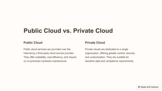 Public Cloud vs. Private Cloud
Public Cloud
Public cloud services are provided over the
internet by a third-party cloud service provider.
They offer scalability, cost-efficiency, and require
no on-premises hardware maintenance.
Private Cloud
Private clouds are dedicated to a single
organization, offering greater control, security,
and customization. They are suitable for
sensitive data and compliance requirements.
 