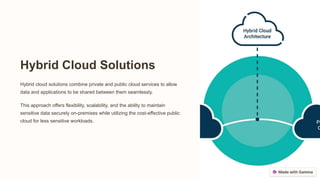 Hybrid Cloud Solutions
Hybrid cloud solutions combine private and public cloud services to allow
data and applications to be shared between them seamlessly.
This approach offers flexibility, scalability, and the ability to maintain
sensitive data securely on-premises while utilizing the cost-effective public
cloud for less sensitive workloads.
 