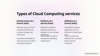 Types of Cloud Computing services
Infrastructure as a
Service (IaaS)
With IaaS, users can rent IT
infrastructure like virtual
machines, storage, and
networking.
It provides the flexibility to
scale resources up or down
according to demand.
Platform as a
Service (PaaS)
PaaS offers a platform
allowing customers to
develop, run, and manage
applications.
It eliminates the need to
manage the underlying
infrastructure.
Software as a
Service (SaaS)
SaaS delivers software
applications over the
internet on a subscription
basis.
Users can access the
software from any device
with an internet
connection.
 