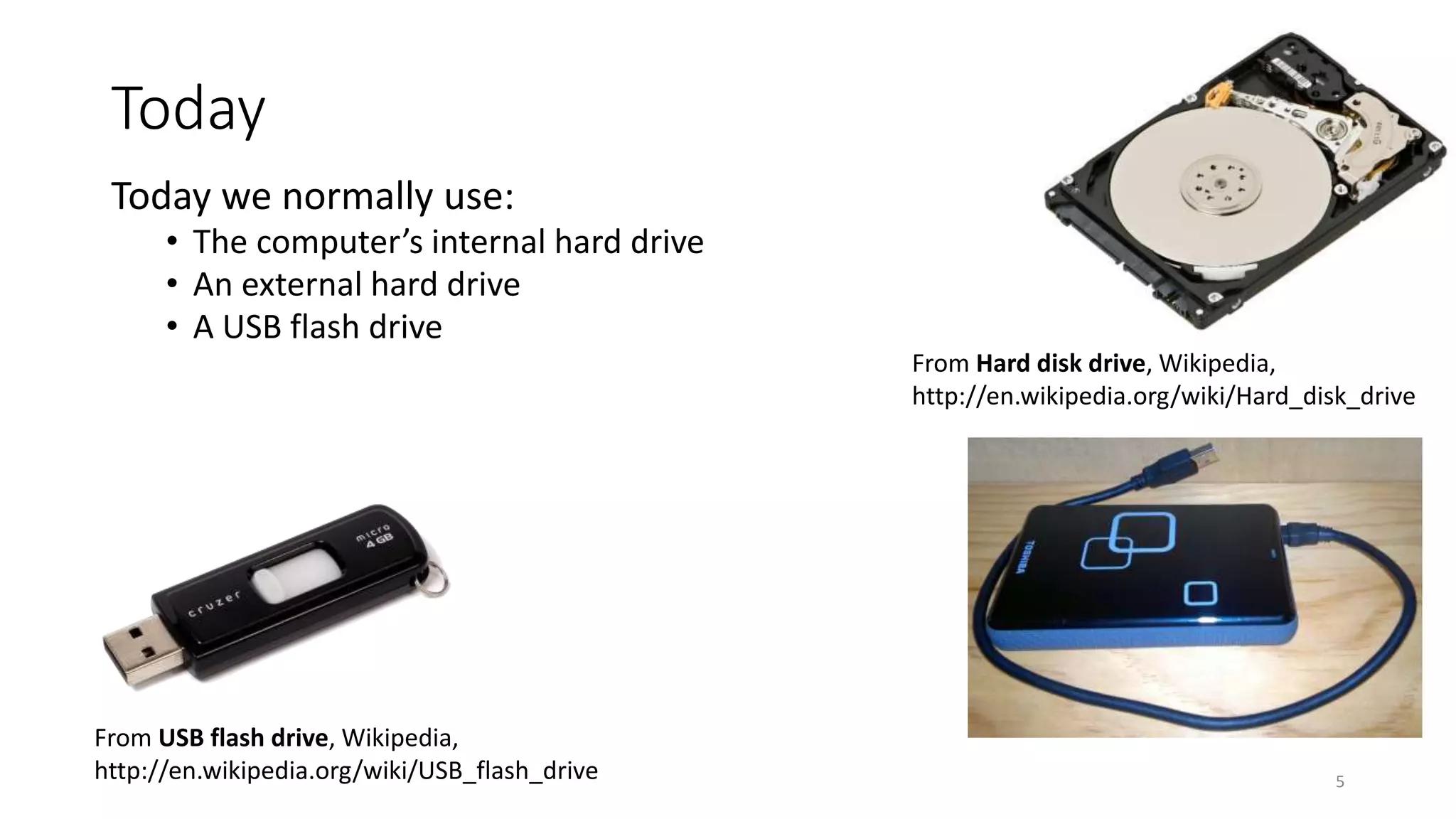 Today
Today we normally use:
• The computer’s internal hard drive
• An external hard drive
• A USB flash drive
From USB flash drive, Wikipedia,
http://en.wikipedia.org/wiki/USB_flash_drive
From Hard disk drive, Wikipedia,
http://en.wikipedia.org/wiki/Hard_disk_drive
5
 