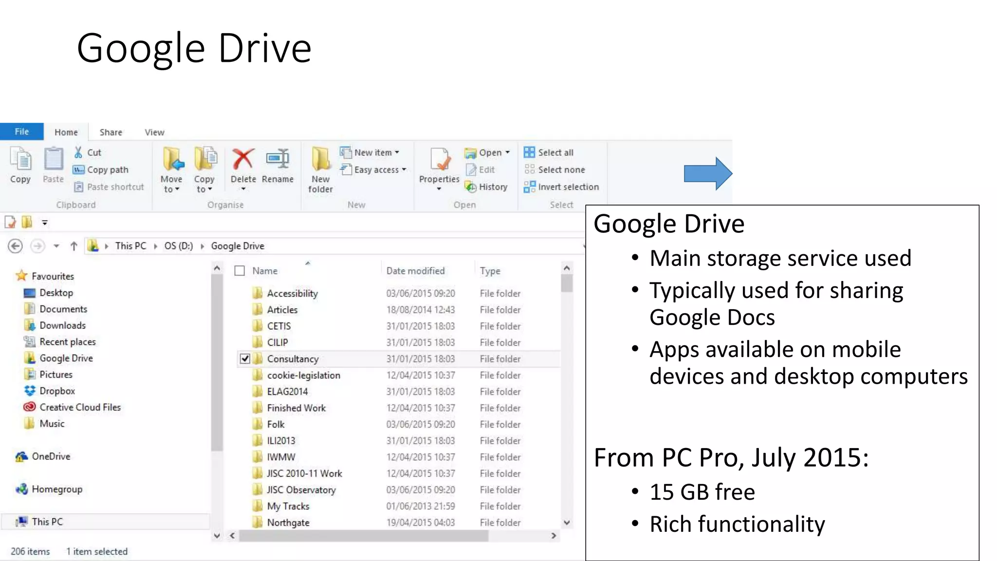 Google Drive
8
Google Drive
• Main storage service used
• Typically used for sharing
Google Docs
• Apps available on mobile
devices and desktop computers
From PC Pro, July 2015:
• 15 GB free
• Rich functionality
 