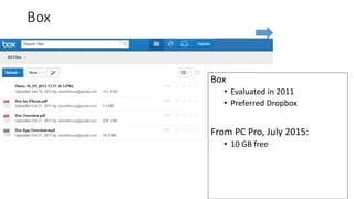 Box
11
Box
• Evaluated in 2011
• Preferred Dropbox
From PC Pro, July 2015:
• 10 GB free
 